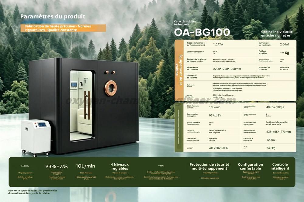 OA - bg100 cabine d'oxygène à haute pression rigide en or noir pour une personne
